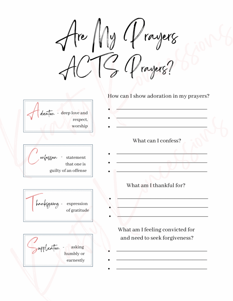 Black and white page with boxes on the left and lines on the right. Adoration from the ACTS prayer acronym is a great help to start your prayers.
