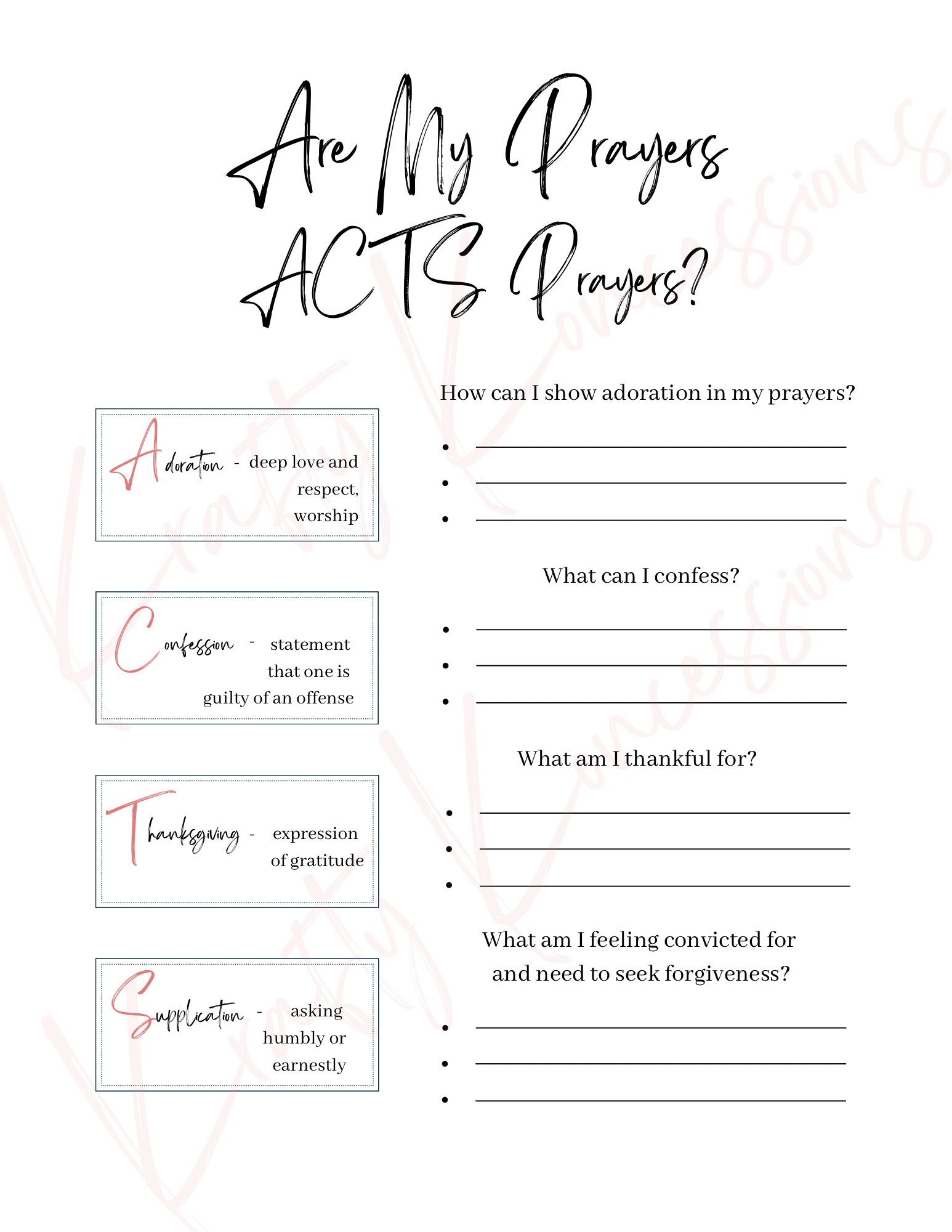 Black and white page with boxes on the left and lines on the right. Adoration from the ACTS prayer acronym is a great help to start your prayers.