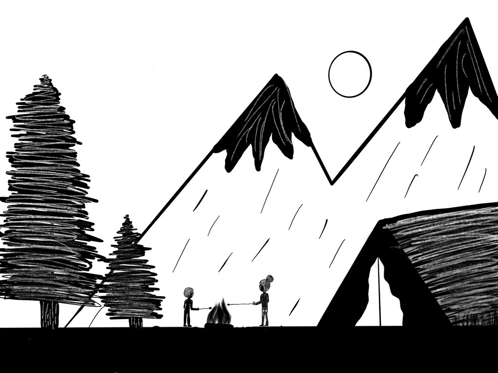 Black and whiite sketch of mountains, pines, and a campsite. 