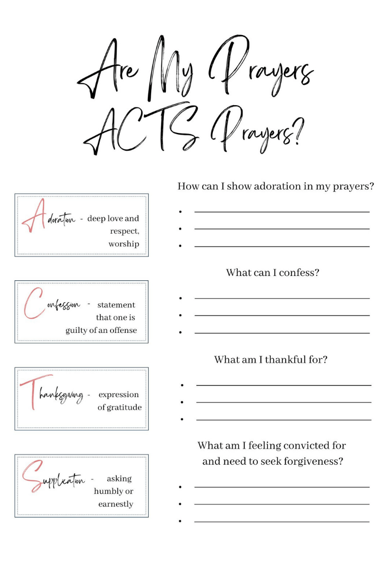 Pic of Are your prayers an ACTS prayer guide. Simple squares on the left that explain each letter of the acronym and lines on the right of them asking questions to help you answer them.